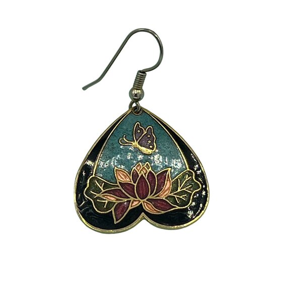 Vintage Cloisonné Enamel Earrings Set Of 3 - Floral Bird & Heart Designs - Picture 9 of 10